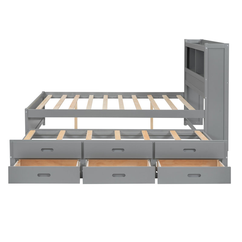 Lit plateforme double avec lit gigogne, tiroirs et prises USB, gris