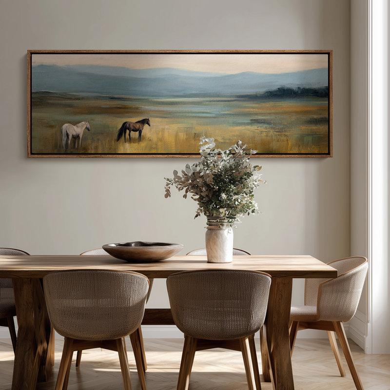 «Peaceful Horses in Open Meadow Landscape», art mural encadré, H 20 po x l 60 po, Naturel