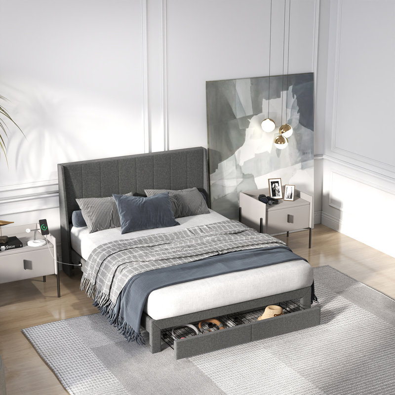 Structure de lit rembourrée avec ports USB, station de charge de type C et tiroirs de rangement pour chambres à coucher, hôtels et appartements