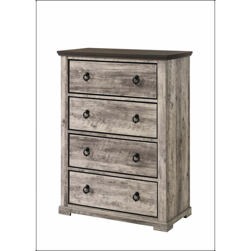 Commode contemporaine à quatre tiroirs rustique avec finition bicolore grise et poignées en métal pour le rangement de la chambre à coucher
