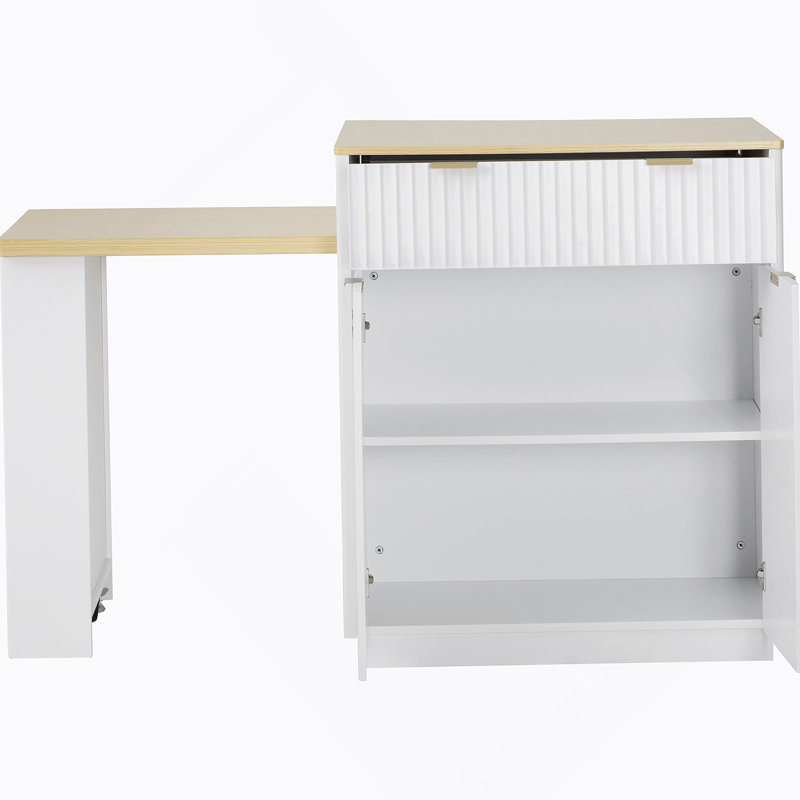 Fluted Kitchen Island With Extendable Dining Table, Power Outlet,  Double-side Storage, 2 Drawers And 2 Side Open Shelves