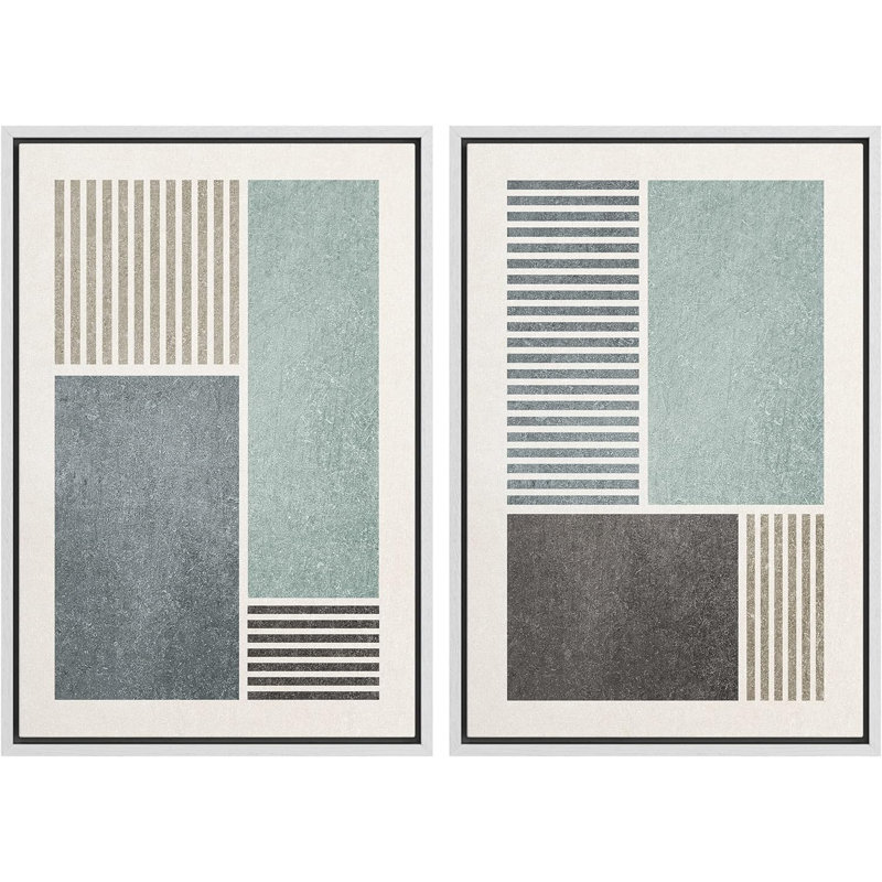 Motif géométrique minimaliste moderne sur fond géométrique bleu et gris sur 2 pièces, H 24 po x l 32 po x P 1,5 po