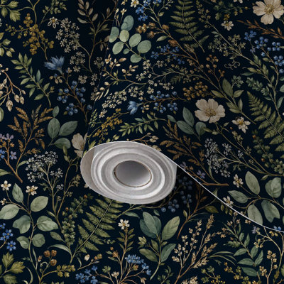 Peel and Stick Wallpaper Contact Paper Botanical Wildflower Fern Black Vintage Woodland Style Self Adhesive and Removable 24in x 118in(60x300cm)