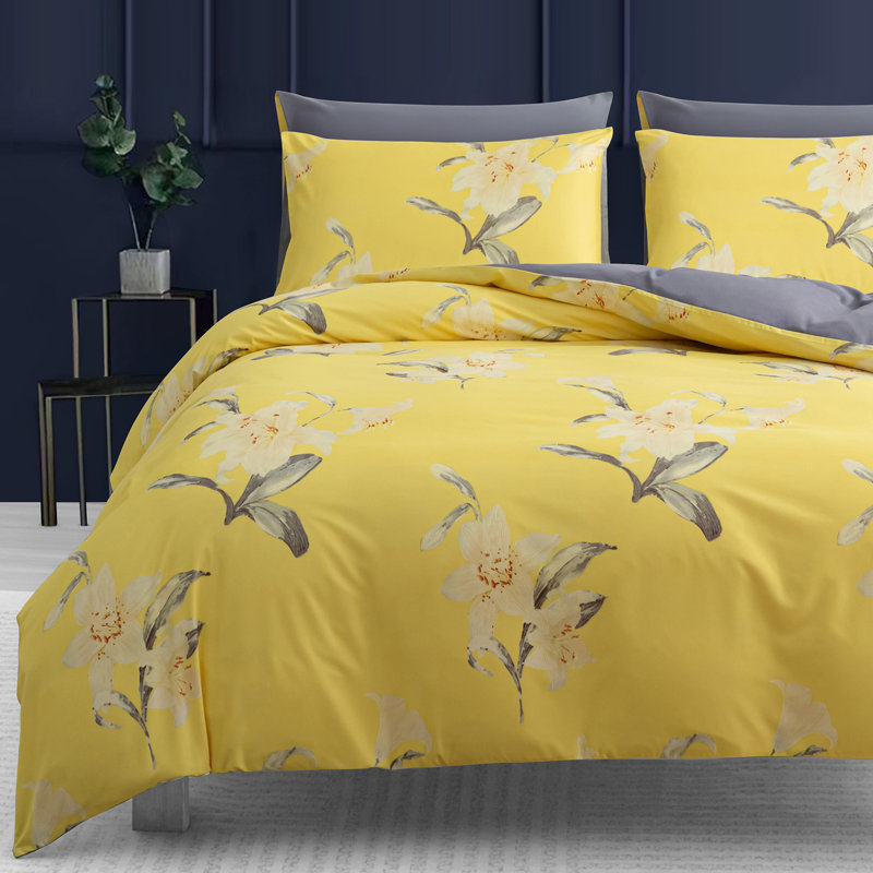 Microfiber Floral Duvet Cover Set, Double (200cm x 200cm), Yellow & Grey