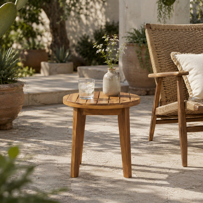 Round Acacia Wood Outdoor Side Table with Slatted Top, Teak