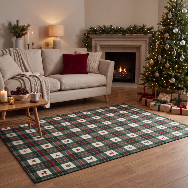 Tapis de porte Arcadia moderne à carreaux rouges, crème et dorés, antidérapant, à poils courts, pour intérieur et extérieur, adapté aux animaux domestiques, idéal pour le salon, la chambre, la salle à manger, l'entrée, le couloir, le bureau, les fêtes de fin d'année, les vacances, les saisons, le style champêtre, à carreaux de buffle et verts, et la cuisine. Lavable.