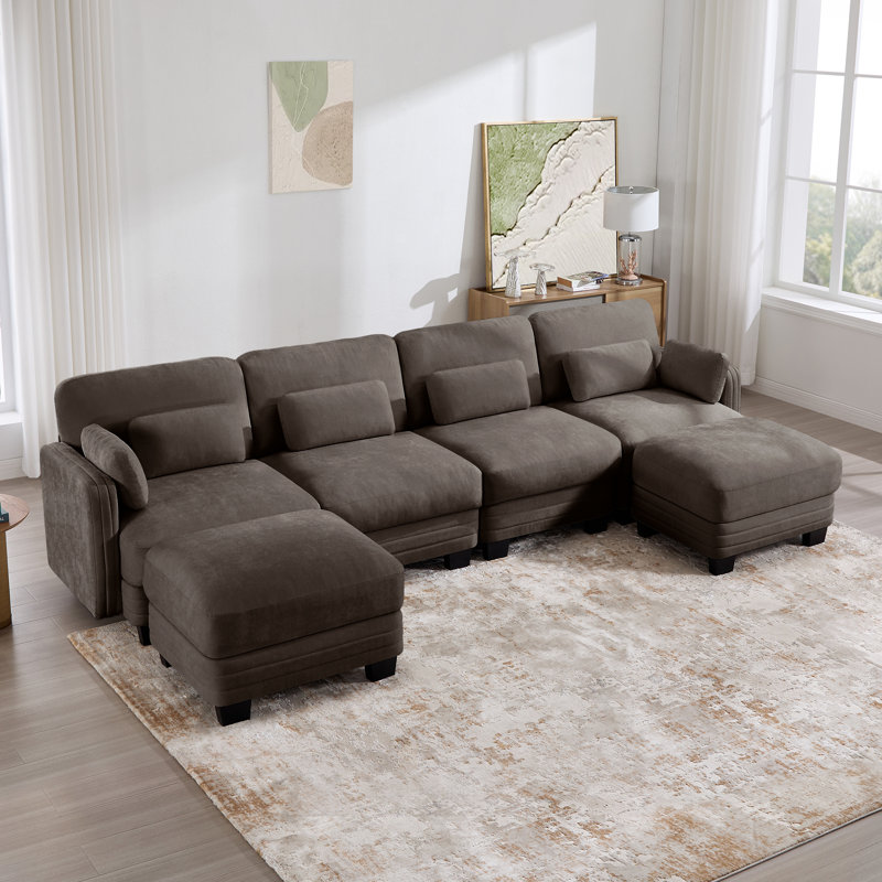 Canapé modulaire modulaire en U en chenille de 130 po avec 4 repose-pieds modulaires de 130 po, Chenille brun