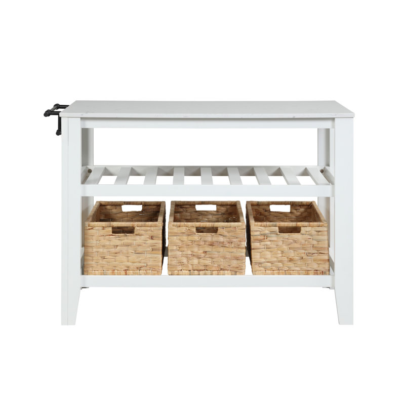 Elisha Transitional Rectangular Kitchen Island with Artificial Marble Top in White