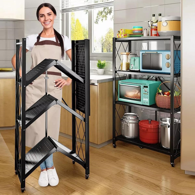 Folding Storage Shelves, 4 Tiers Metal Shelving Units For Microwave Oven Rack Stand Storage Holder, Kitchen Shelves On Wheels, Pantry Shelves, Bookcase For Living Room