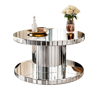 Luxury Double - Tier 31.5" Diameter Round Mirror Coffee & End Table, Fluted Glass For Elegant Look Base Dynamic Elegance