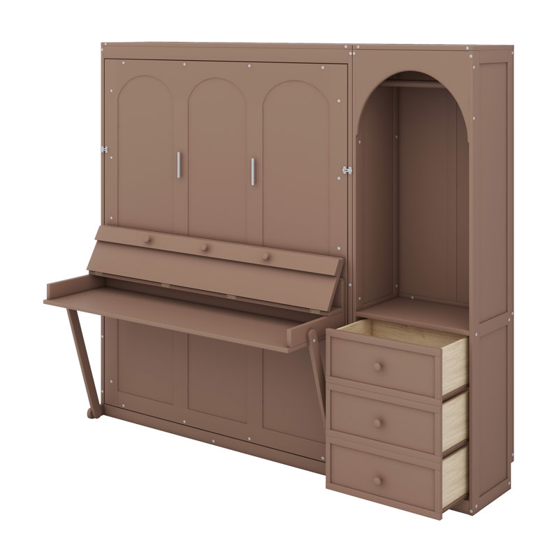 Lit escamotable avec tablettes de rangement, lumière DEL, tringle pour garde-robe et tiroirs intégrés, Brown