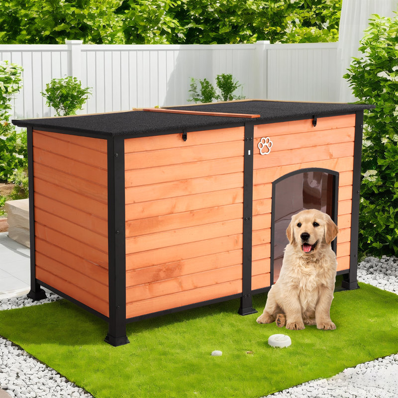 Outdoor Dog House, Extra Large Wooden Dog House With Anti Bite Iron Frame Weatherproof Finish Outside Paw Print Dog House For Large And Medium Dogs