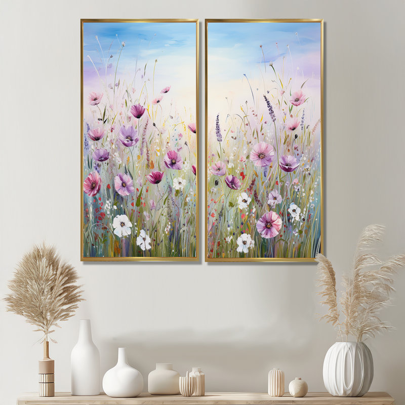 Fleurs sauvages Meadows III - impressions sur toile mauves, Impression encadrée flottante, 32" H x 32" W, Gold