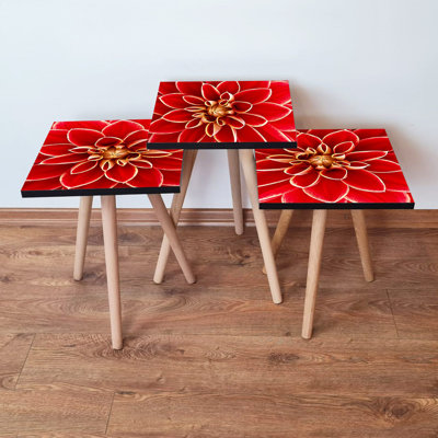 Ensemble de 3 tables gigognes modernes, rouges, jaunes et blanches, 13,8 po x 20,5 po x 13,8 po | 100% panneau de fibres à densité moyenne avec pieds en bois de hêtre, épaisseur: 0,7 pouce | Conception florale élégante, parfaite pour le salon ou le bureau