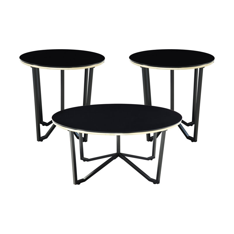 Table basse ronde et tables de bout, ensemble de 3 pièces, plateau en verre trempé noir, cadre en métal, meubles de salon modernes