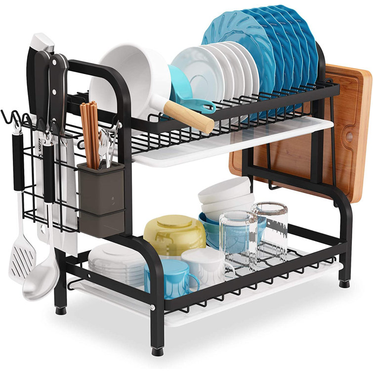 1Easylife Dish Drying Rack, 2-Tier Compact Kitchen Dish Rack Drainboard Set, Large Rust-proof Dish Drainer with Utensil Holder, Cutting Board Holder F