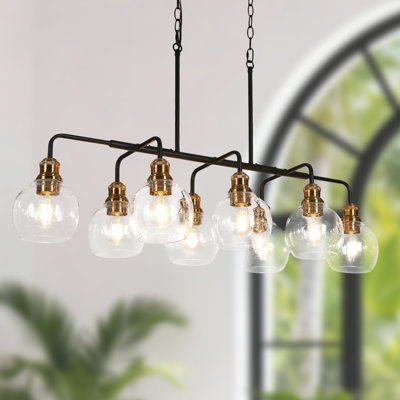 Modern 8-Light Linear Chandelier with Globe Glass Shade, Transitional Dining Room Pendant Light