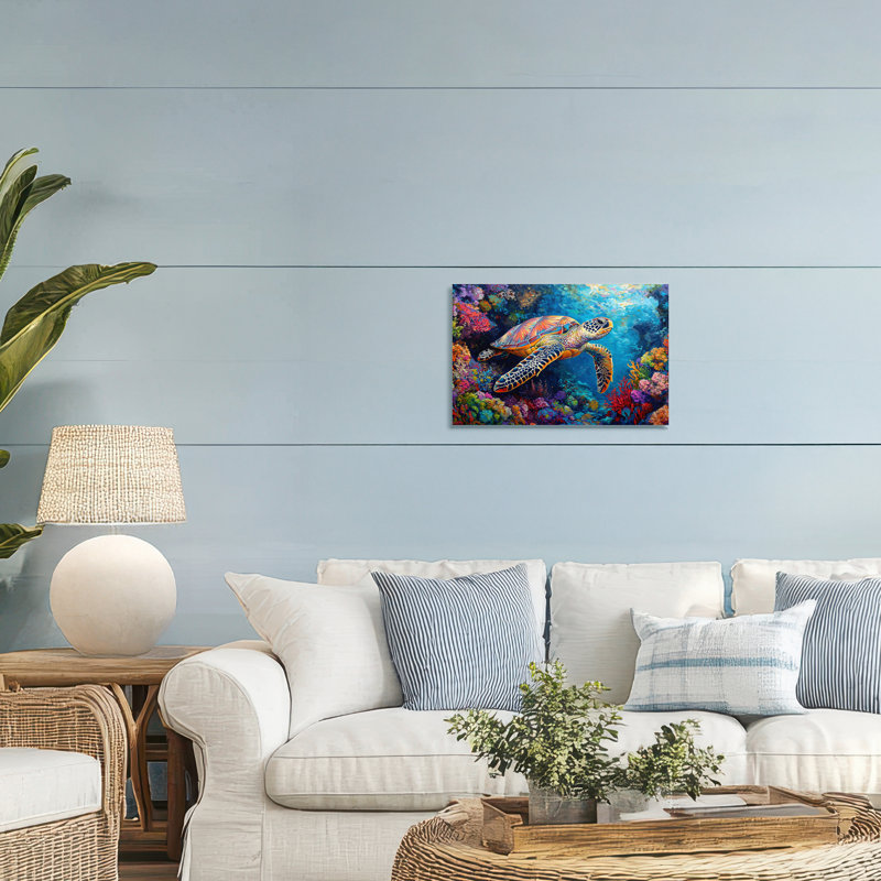 Toile colorée de corail et de tortue colorée, design par LSR Design Studio, H 16 po x l 24 po