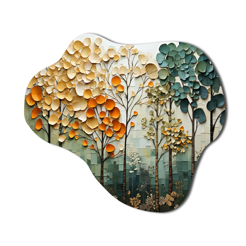 «Orange Green Trees Canopy Patchwork I», impression de nuage d'arbres sur métal, décoration murale asymétrique traditionnelle en métal