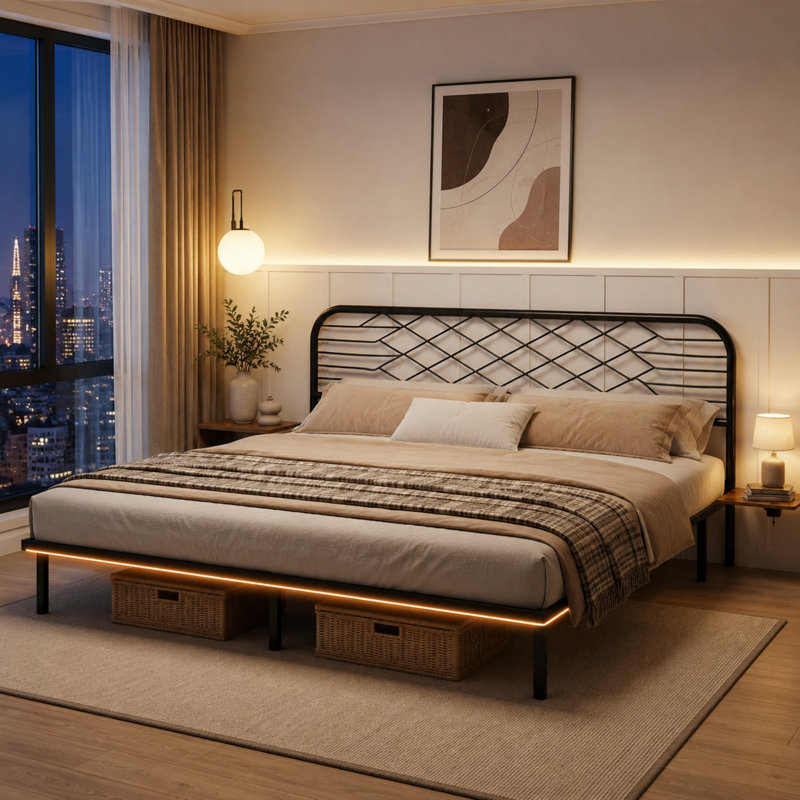 Aether Floating Metal Bed Frame with Charging & LED Lighting & Shelves, No Box Spring Needed, Kingsize (5')