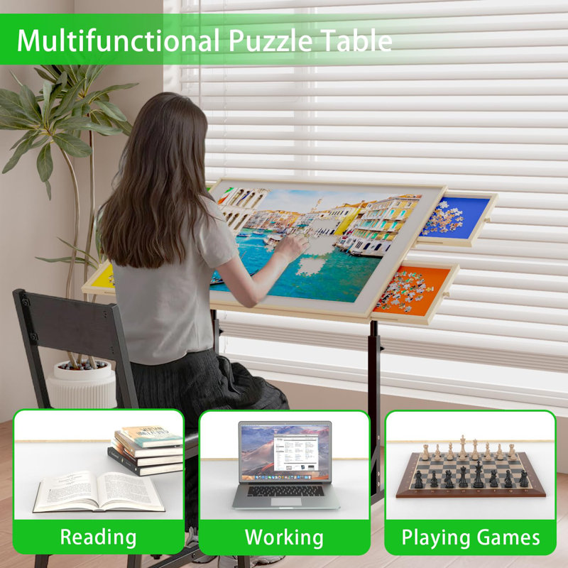 Wooden 1500 Piece Puzzle Table With Drawer, 35"*27.17" Adjustable Puzzle Table, 360° Tilting Puzzle Table With Legs And Wheels, Rolling Puzzle Table, Adjustable Height And Angle, With Protective Cover 
