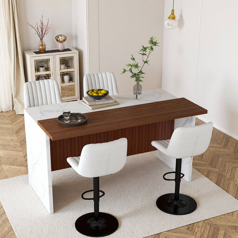 Ensemble d'îlot de cuisine 63 pouces avec 4 tabourets de bar - surface d'aspect marbre avec éclairage DEL, Table, 4 chaises