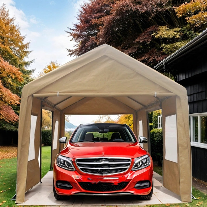 Heavy-Duty Outdoor Polypropylene Garage Shed, Sand, 117.97" H x 146.05" W x 241.82" D