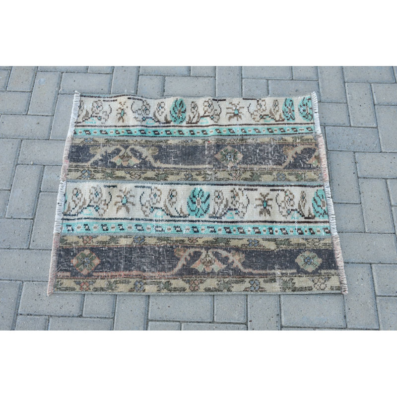 Small Green Turkish Vintage Rug Perfect as Organic Door Mat or Bedroom Carpet