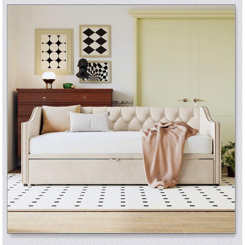 Lit de jour simple rembourré avec lit gigogne, Beige