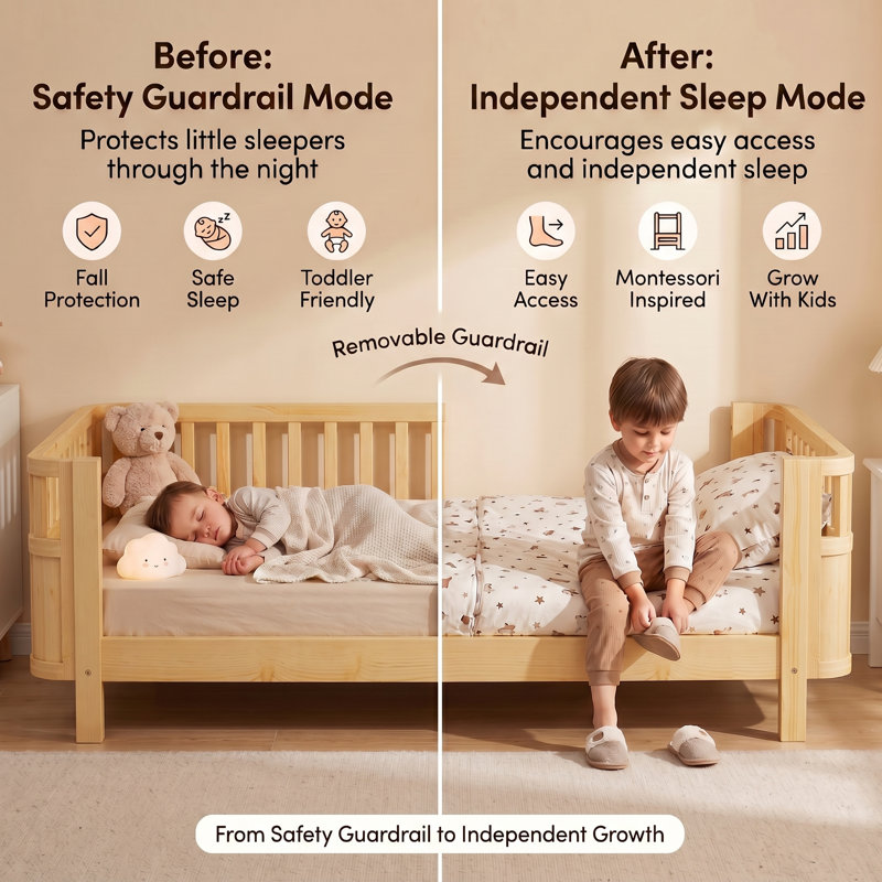 Low Profile Kids Platform Bed with Safety Rails, Removable Guardrail Toddler Bed Frame, Wood Slat Support, Natural, Full