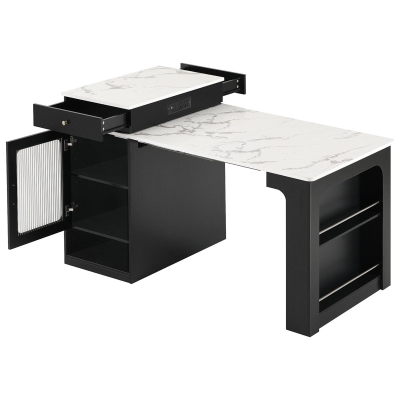Îlot de cuisine 59,5 po avec table de salle à manger extensible, table de rangement avec rangement double-face, îlot de cuisine avec 2 tiroirs, prise de courant, tablettes latérales ouvertes, pour la cuisine, la salle à manger, noir