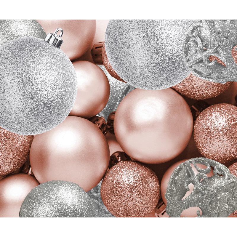 Rose Gold and Silver Shatterproof Christmas Ornament Set with Metal Hooks