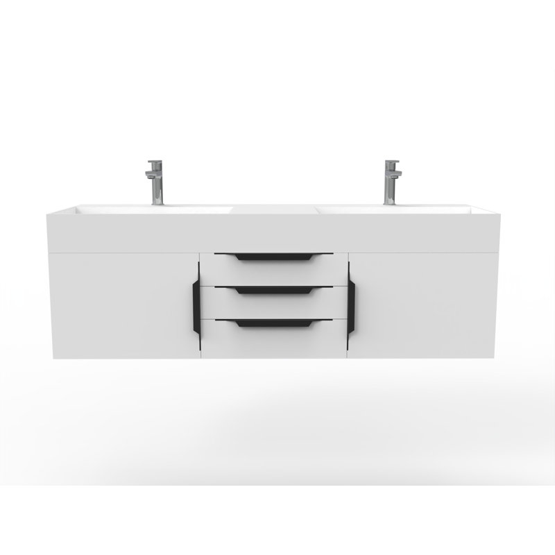Russett 60'' Double Bathroom Vanity with Solid Surface Top, White, White, Black