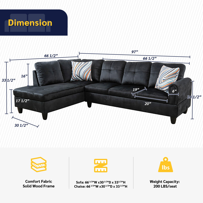 Anabrenda Upholstered L-Shaped Sectional, Left Hand Facing, Black Linen Blend