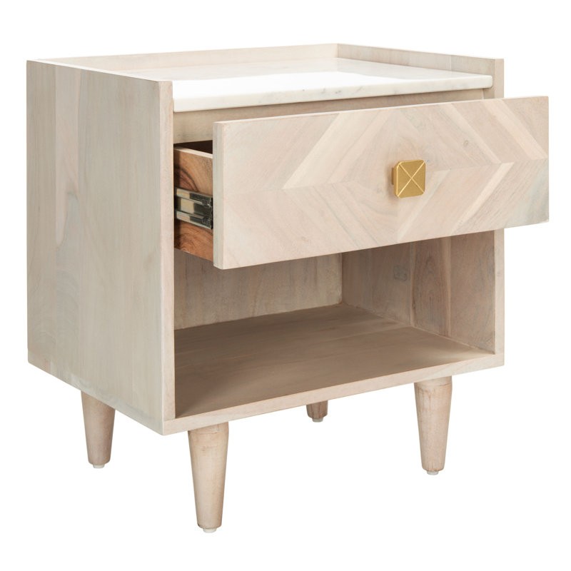 Kerstetter 19'' W Nightstand – Stylish Wood Nightstand with Gold-Finish Hardware & Marble Top Design, White Washed