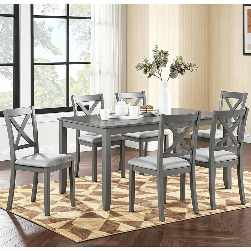 Ensemble de table et chaises de salle à manger en bois massif 7 pièces, table moderne de 58,5 pouces avec 6 chaises rembourrées en X pour la cuisine et la salle à manger