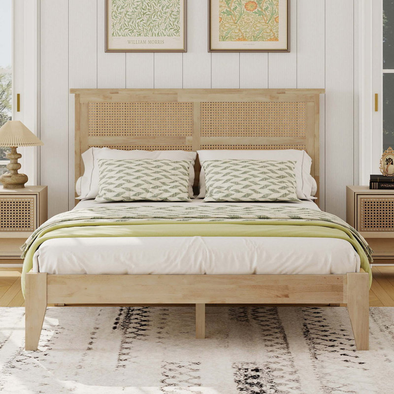 Full Size Solid Wood Bed with Rattan Headboard and Central Support