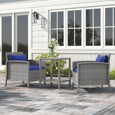 Ensemble bistro 3 pièces en osier de rotin avec coussins moelleux, ensemble café d'extérieur avec plateau en verre et tablette ouverte pour patio, jardin et jardin