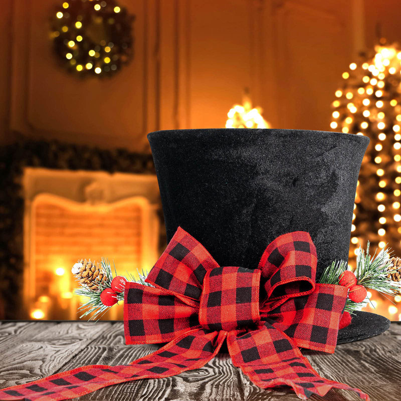 Christmas Tree Topper - Large Black Tree Topper With Buffalo Plaid Bow Ribbon Ornament