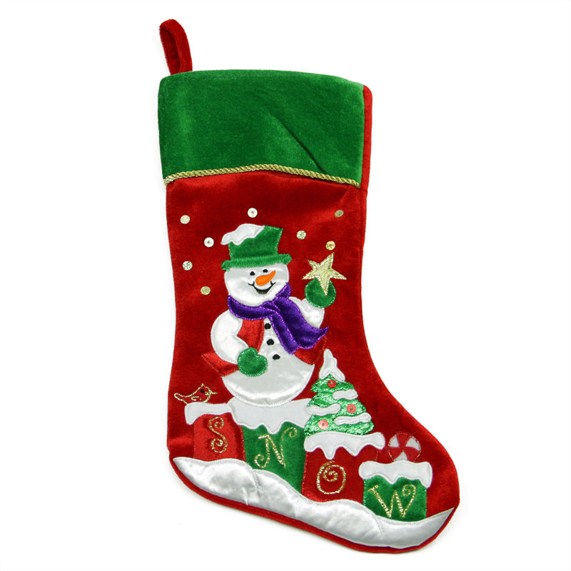 Chaussette de Noël 18 po en velours de velours rouge brodé avec manchette verte
