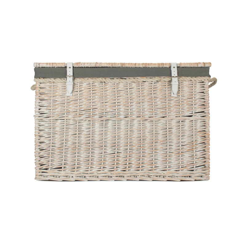 Fleur De Lis Wicker Storage Hamper Basket with Lining, White Wash/Grey