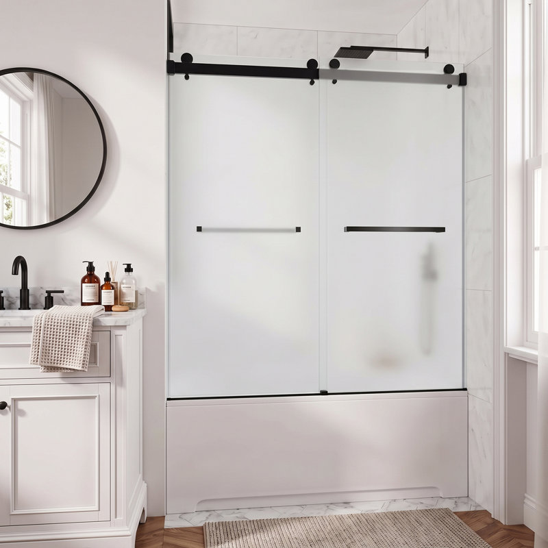 56"-61" W X 66" H Frameless Double Sliding Shower Tub Door in Shatter-Resistant Film with 3/8" (10mm) Frosted Glass and Quiet Rollers