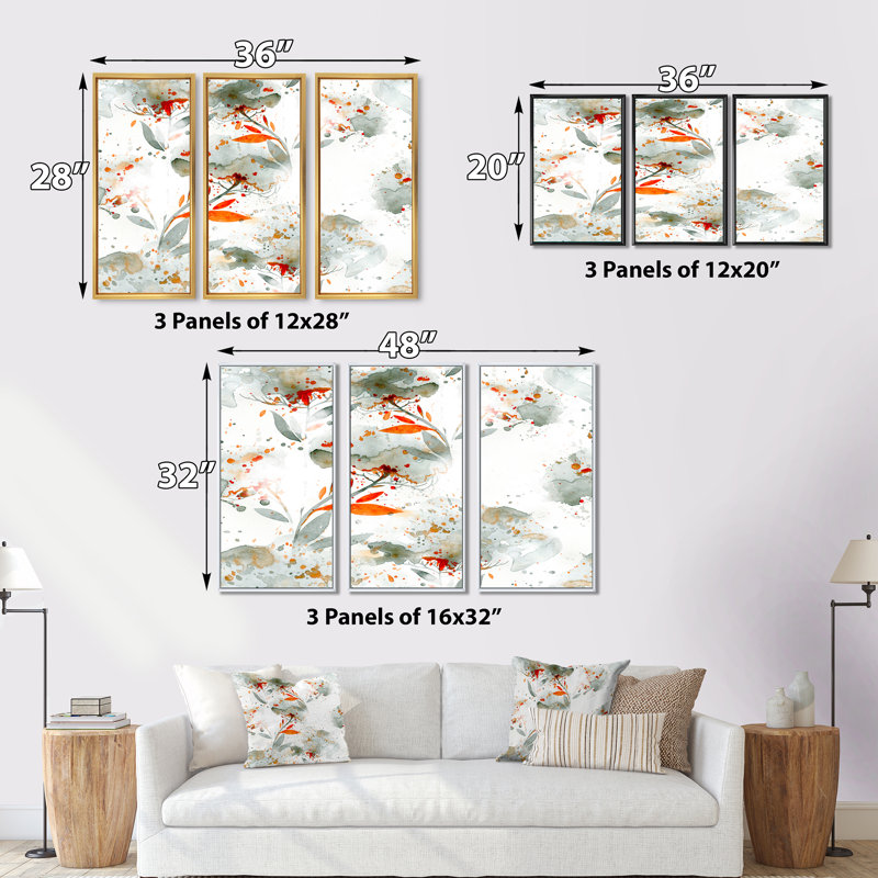 «Green and Orange Wildflowers I», ensemble d'art mural moderne sur toile encadrée, H 28 po x l 36 po x P 1 po, Noir