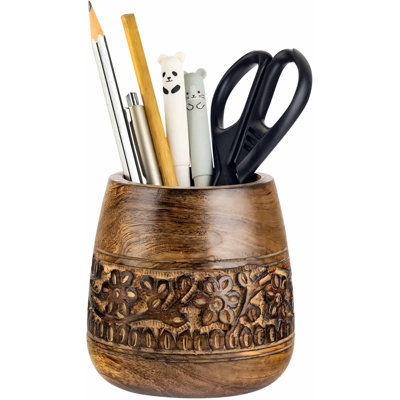 Rustic Pencil Holder, Wooden Pen Stand, Table Desk Organizer Handmade Wood Office Accessories, Desktop Stationery, Cute Make Up Brush Paintbrush Cup, Christmas Holidays Gift, 4'' Brown