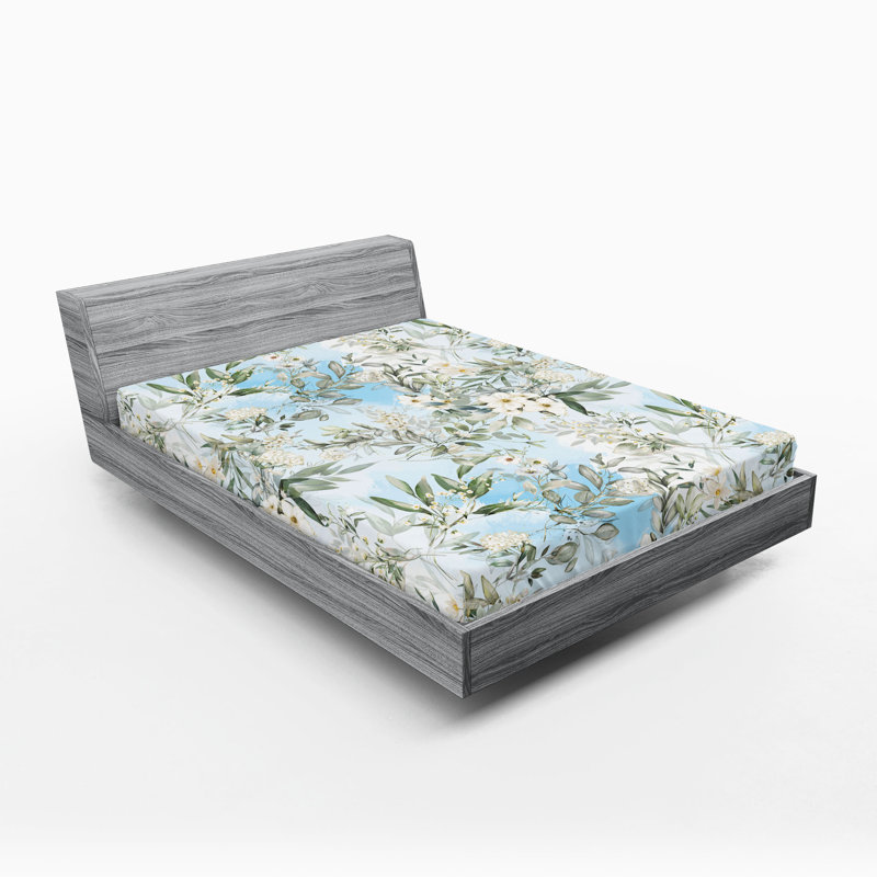 Drap-housse rustique Ambesonne, Vert laurier, bleu pâle / floral, Full Fitted Sheet