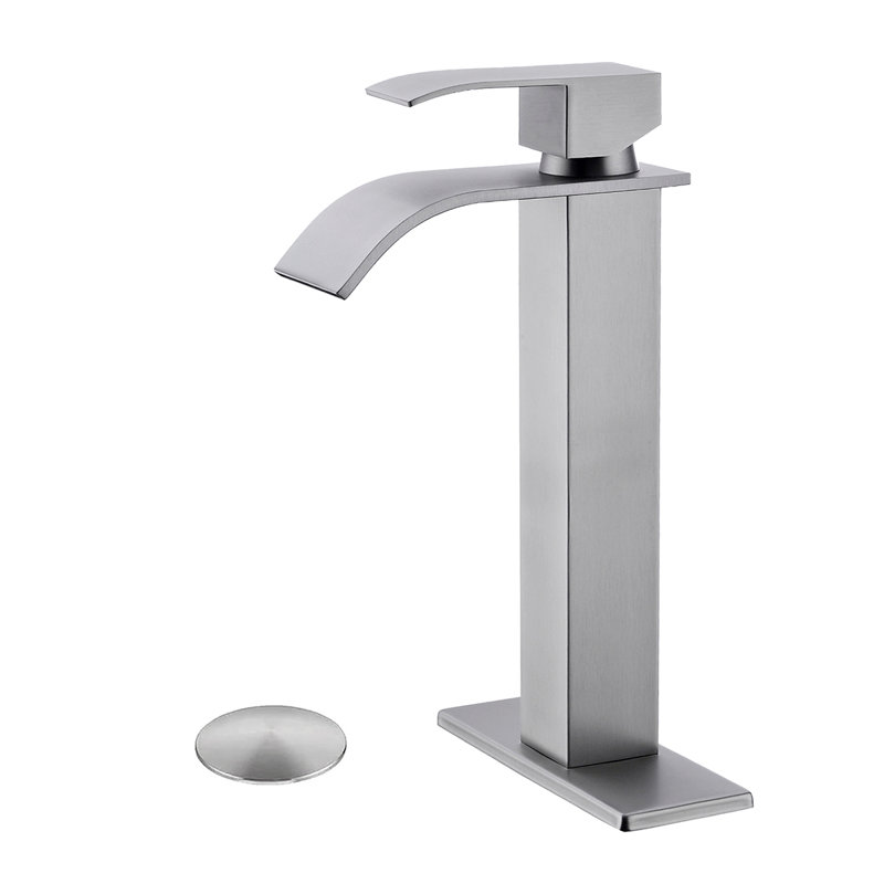 Waterfall Spout Bathroom Sink Single Handle Faucet With Pop-Up Drain (No Overflow), Brushed Nickel