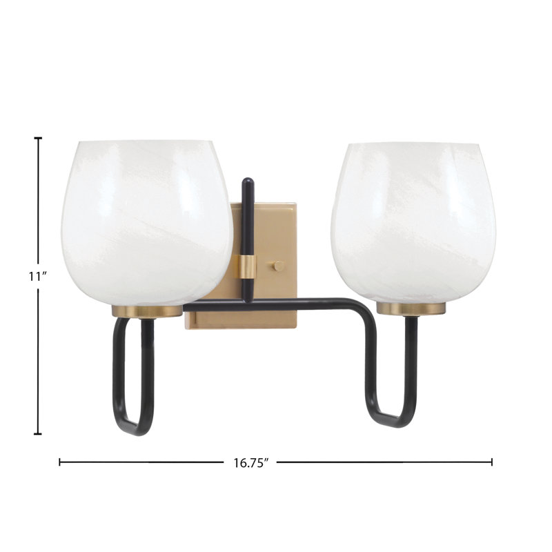 Barre d'éclairage de salle de bain 2 lumières Amarmula, noir mat et laiton vieilli, verre marbré blanc 6 po, Blanc