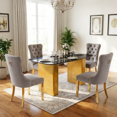 55" Dining Table Set For 4, Rectangular Glass Table With Faux Marble Top And Metal Base, 4 Tufted Chairs With Stainless Steel Legs, For Kitchen
