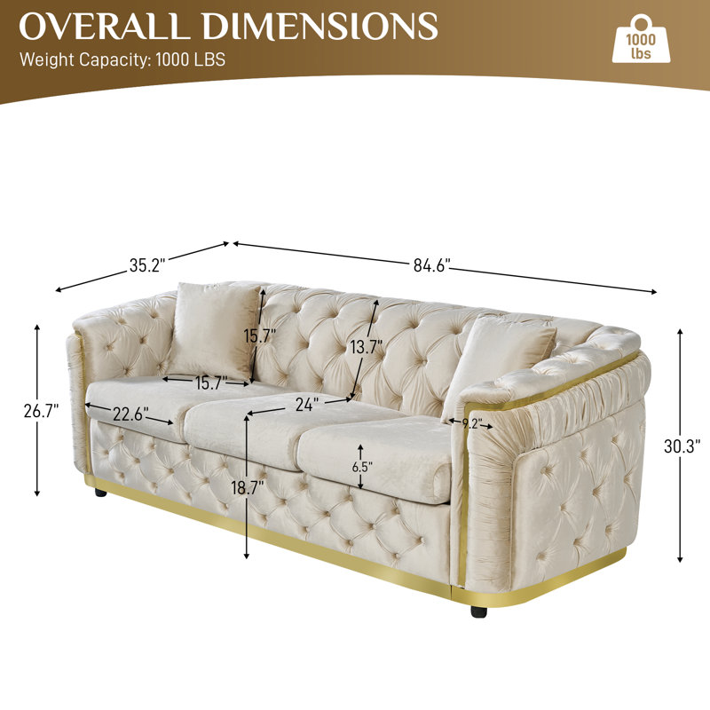 Canapé 85 po en velours Chesterfield, Beige/or