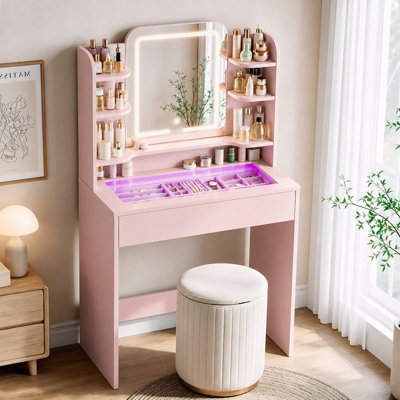 Small Vanity Table with Tempered Glass Top, LED Mirror 3‑Color Dimming & Smart RGB Drawer, APP & Remote Control, 6000+ Colors Music Pulse Mode